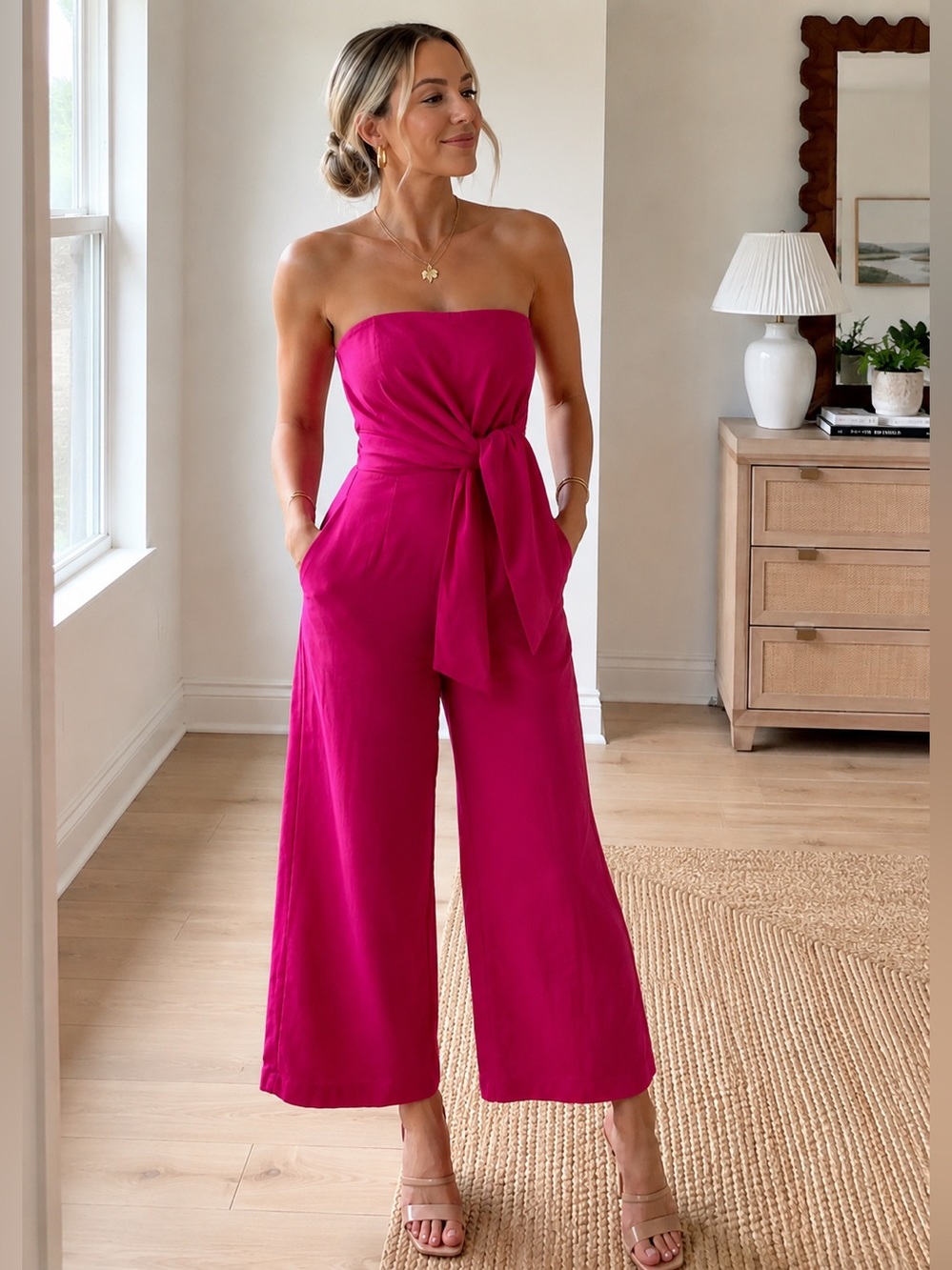Anthropologie/Maeve Pink Strapless Tie Front Wide Leg Jumpsuit